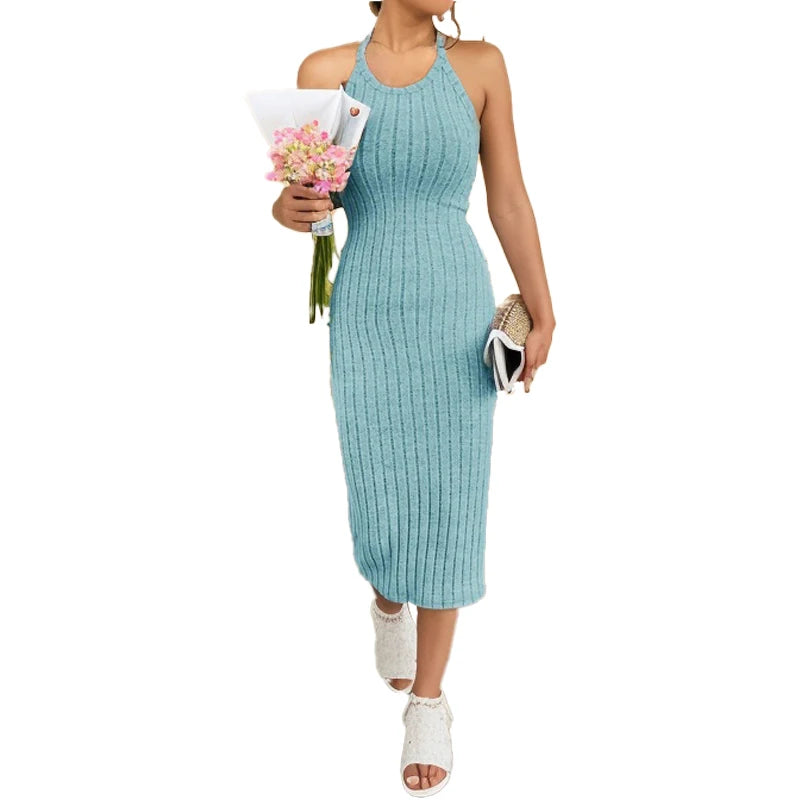 Solid Halter Neck Bodycon Midi Dress High-end
