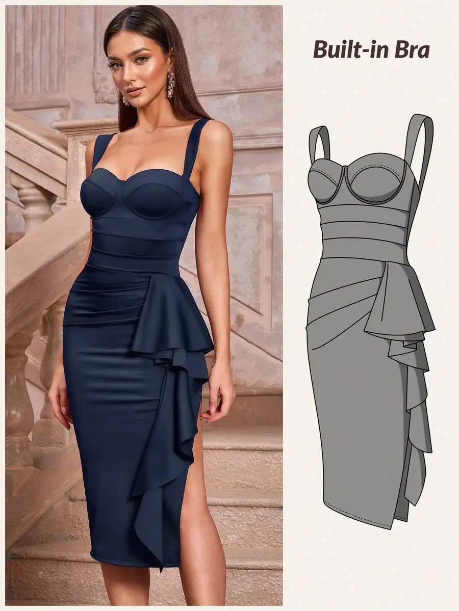 Elegant Navy Blue Bodycon Midi Dress with