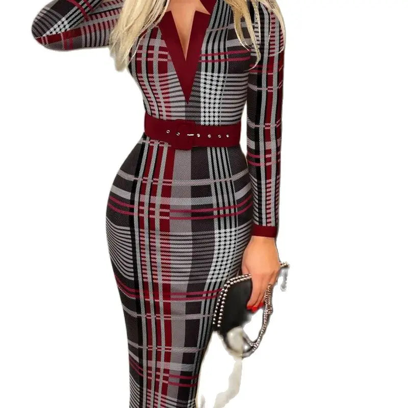 Sexy Geometric Pattern V-Neck Midi Pencil Dress