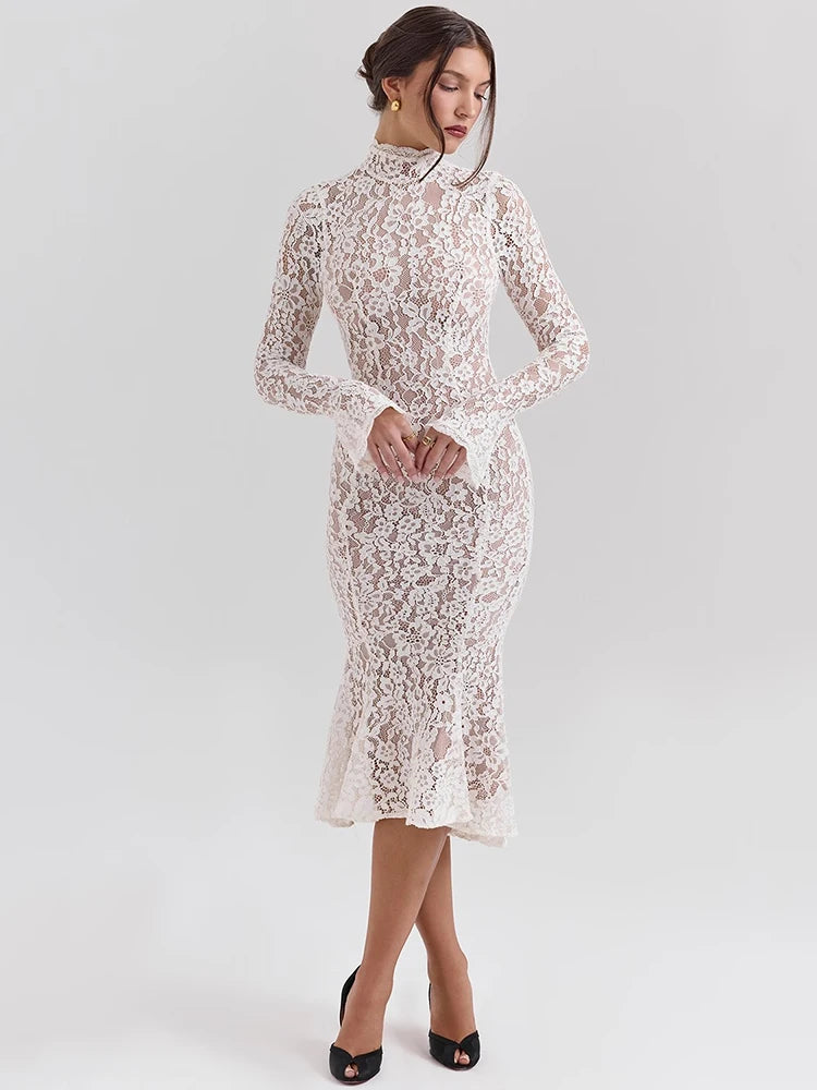 Mozision Lace Long Sleeve Sexy Midi Dress