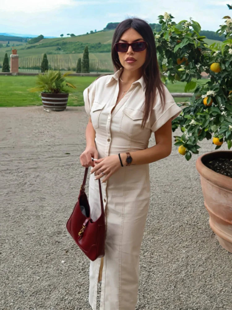 HXAO Denim Women's Dress Button Off White