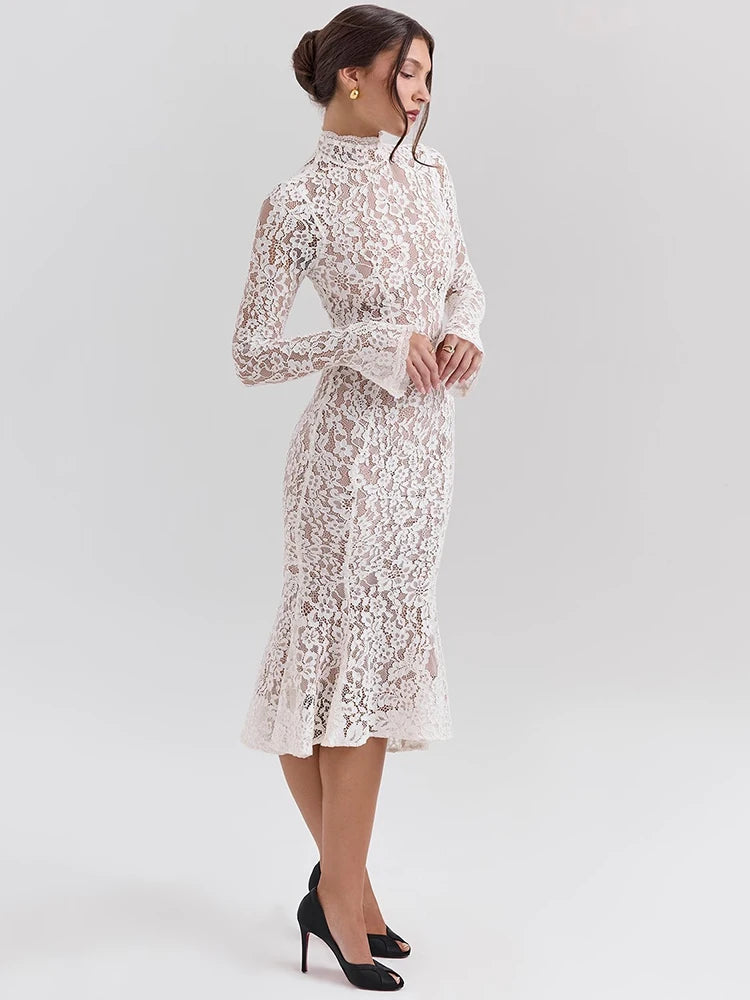 Mozision Lace Long Sleeve Sexy Midi Dress